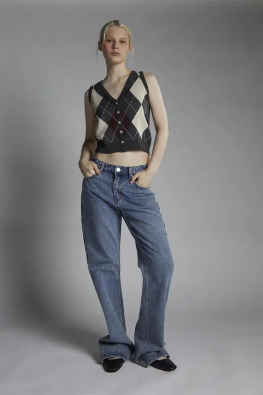Charcoal-Argyle Button-Front-Vest Crop-Top made by Glamorous