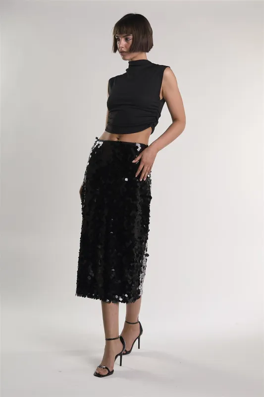 Black-Square-Sequin High-Waisted Midi-Skirt made by Glamorous