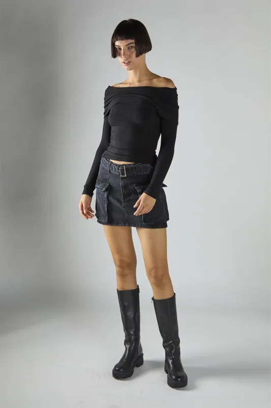 Black Ribbed-Off-Shoulder-Double-Layer Long Sleeve-Top sold by Glamorous