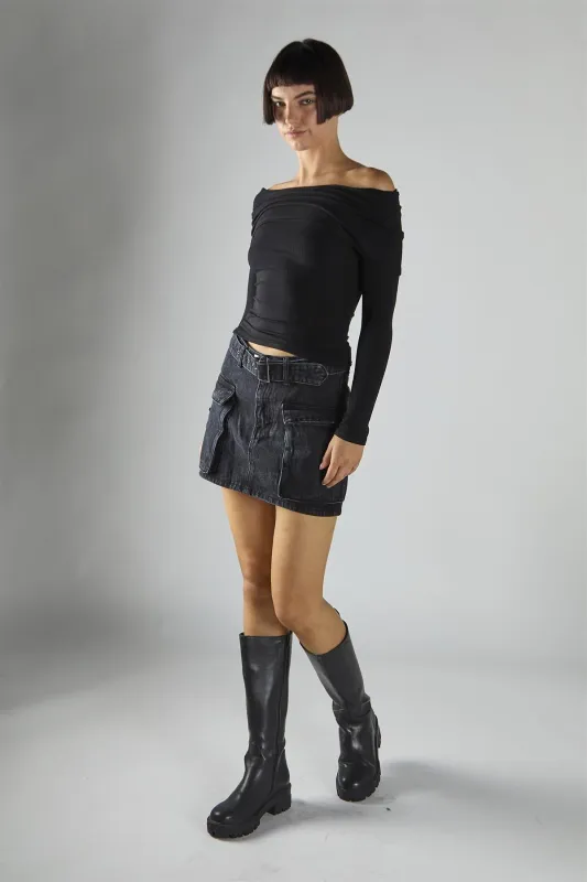 Washed Black Denim Belted Mini Skirt sold by Glamorous