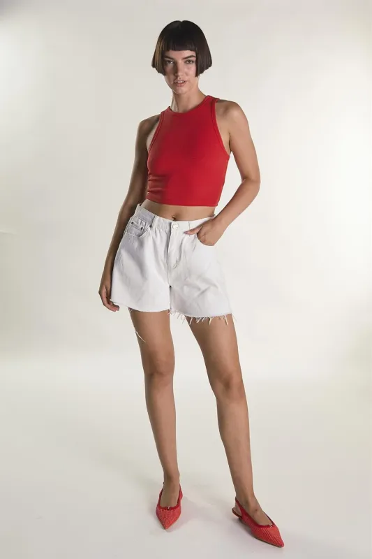 Red Sleeveless Ribbed Racerback  Crop-Top sold by Glamorous