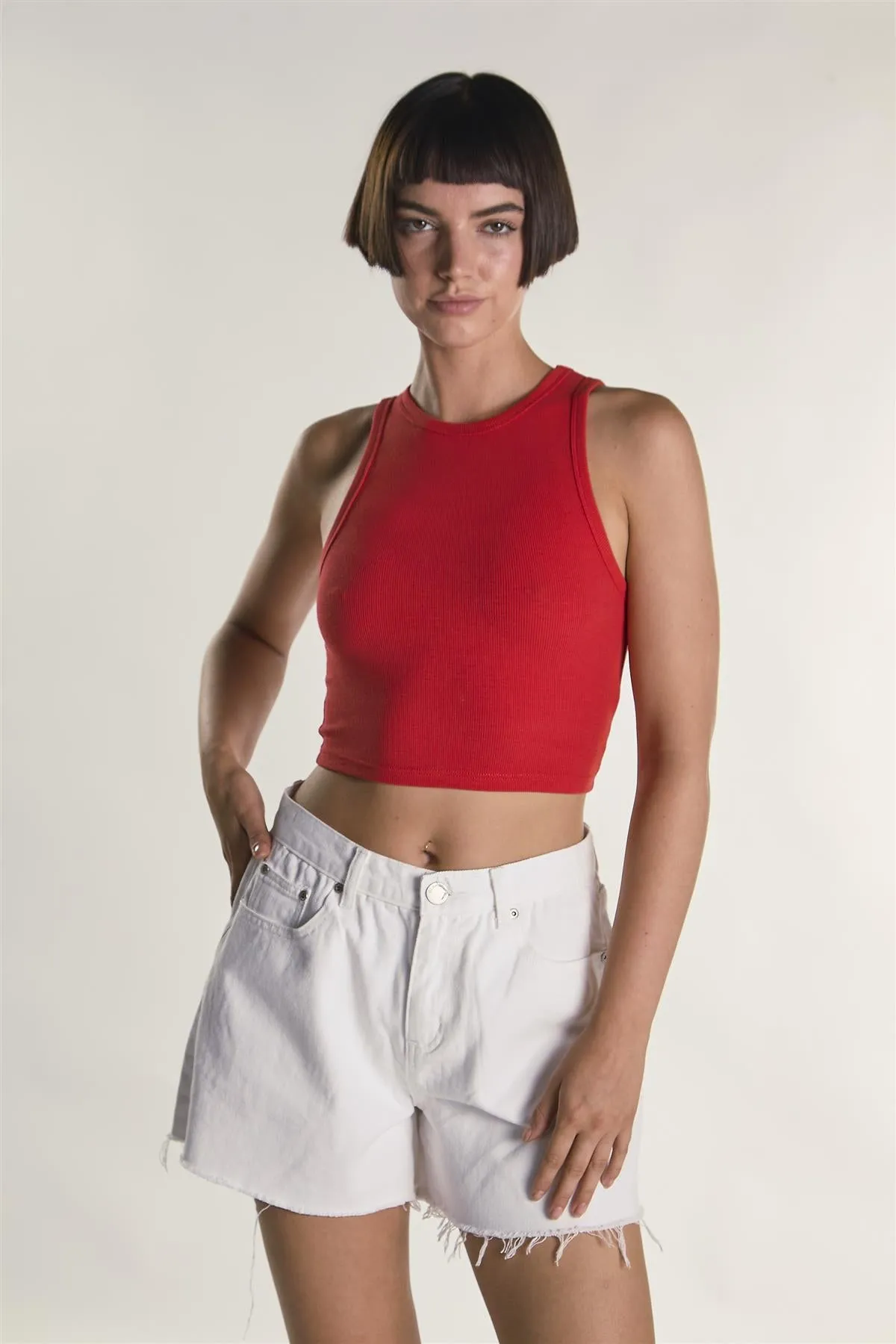 Red Sleeveless Ribbed Racerback Crop-Top sold by Glamorous product image thumbnail 3