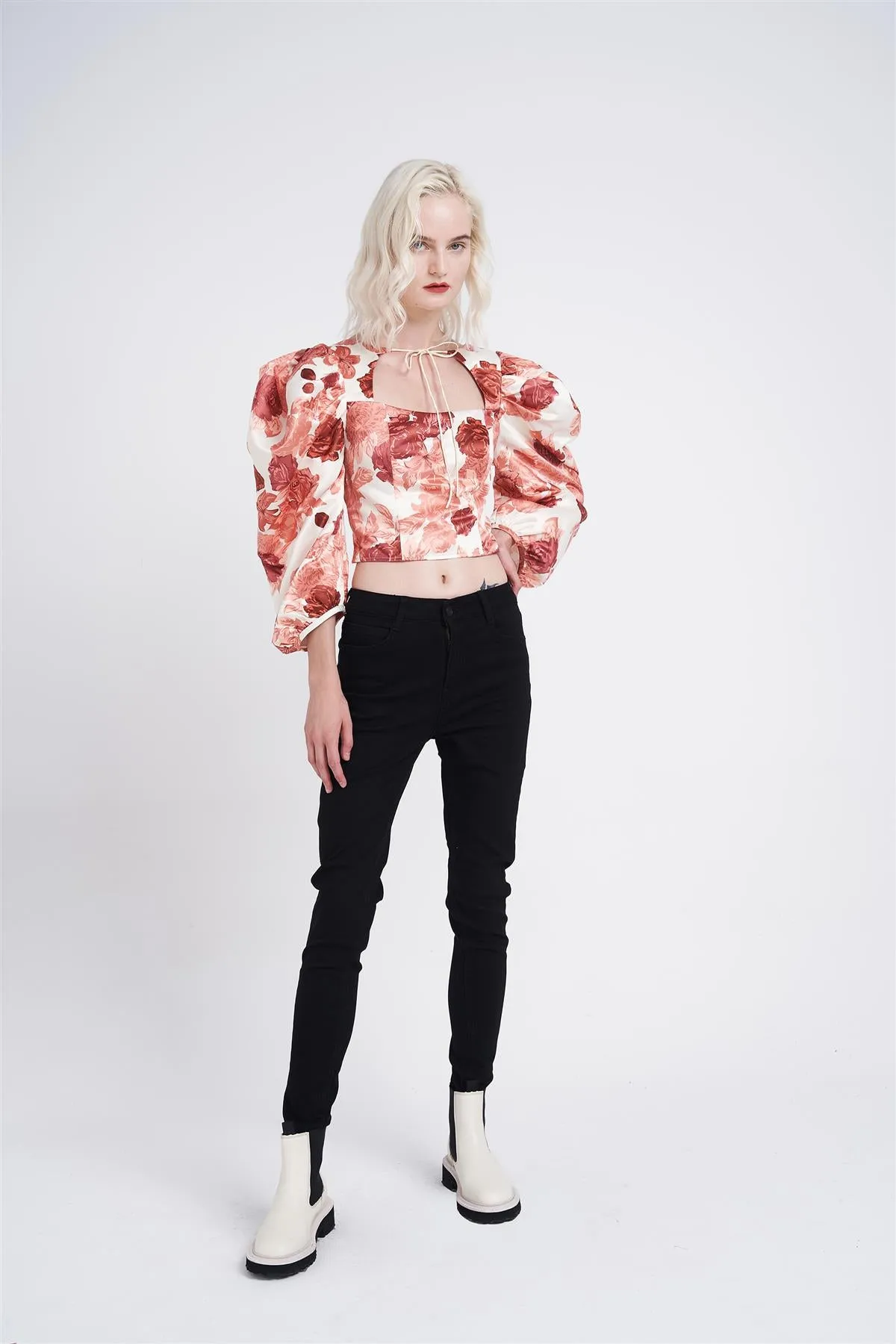 Cream-Apricot-Rose Long-Puff-Sleeve Crop-Top sold by Glamorous