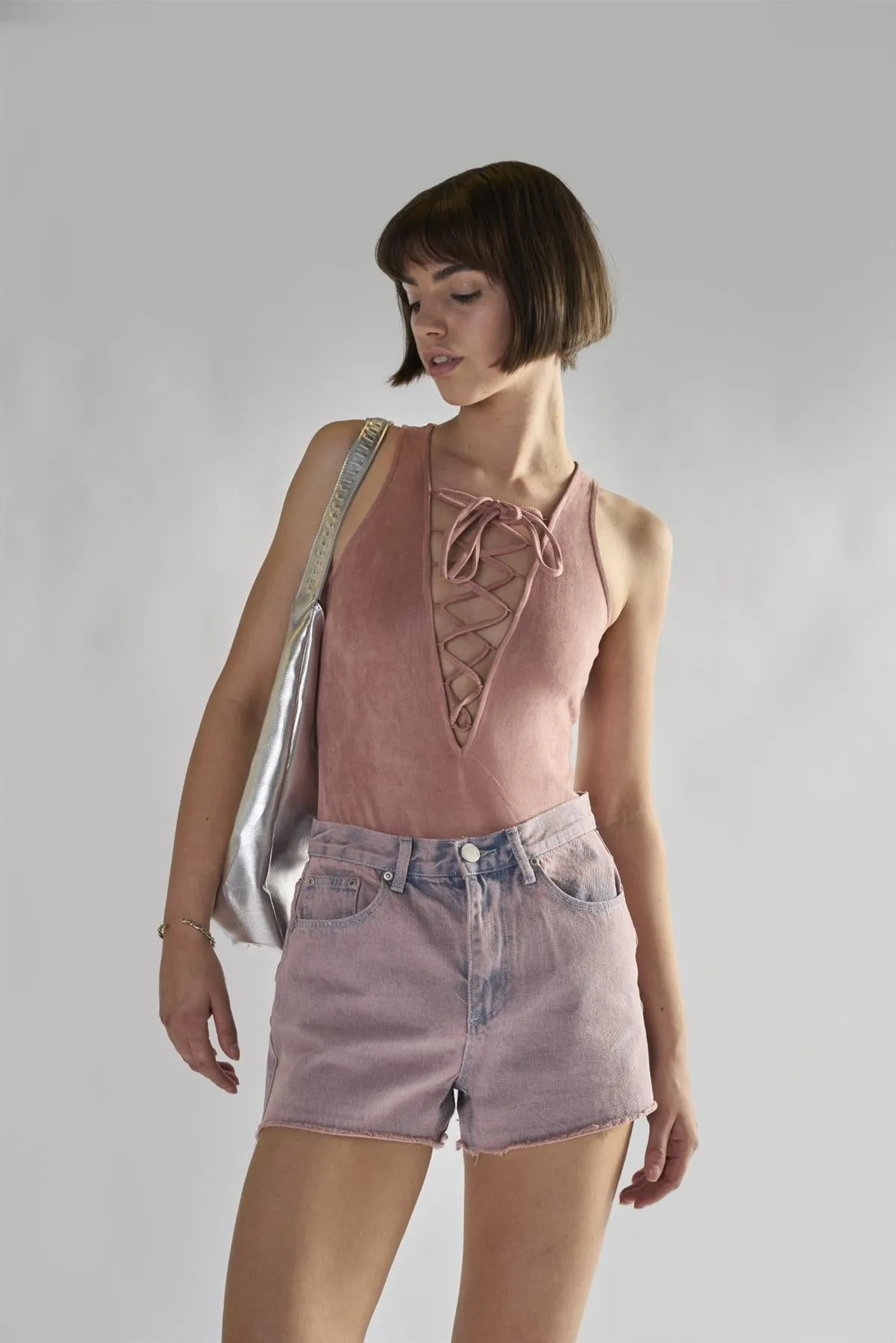 Dusty Pink Suede Tie Front Bodysuit sold by Glamorous product image thumbnail 2
