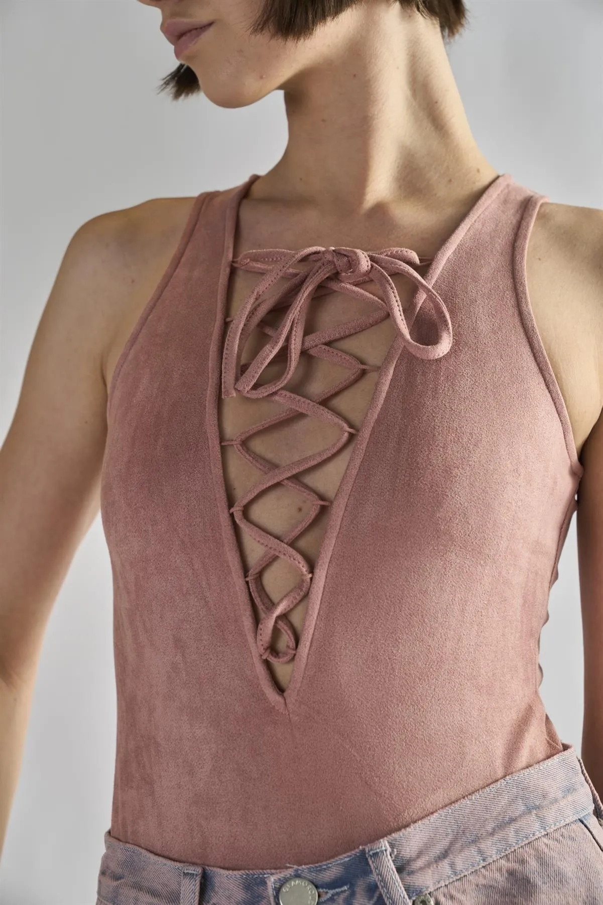 Dusty Pink Suede Tie Front Bodysuit sold by Glamorous product image thumbnail 3