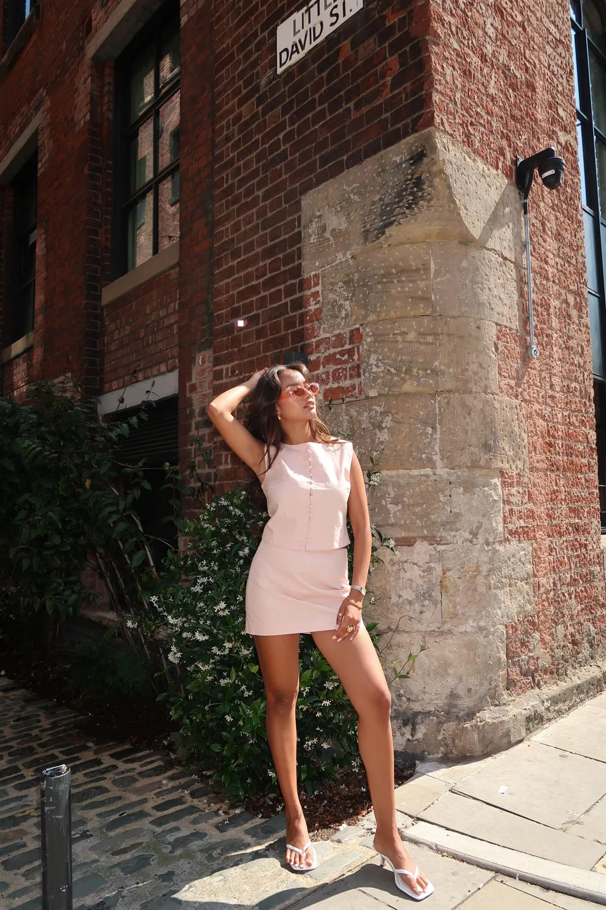 Nude-Peach Button-Up-Sleeveless Crop-Top sold by Glamorous