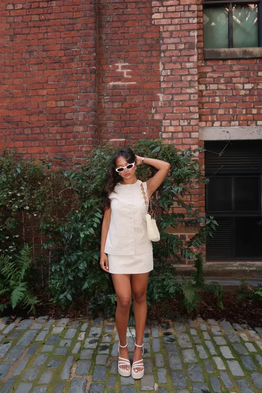 Natural-Ecru Button-Up Sleeveless-Top sold by Glamorous