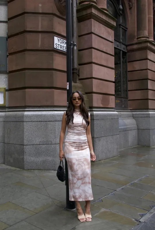 Sepia Tie Dye Sleeveless High Neck Bodycon Midi Dress sold by Glamorous