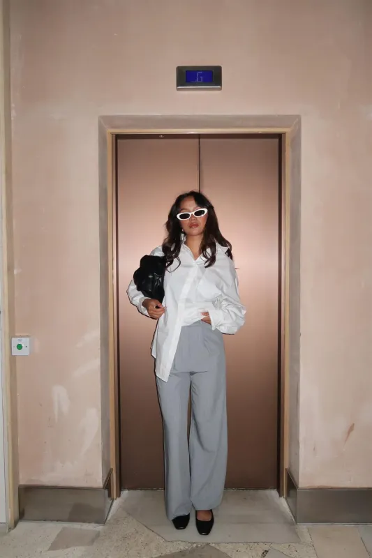 Grey Pinstripe Wide Leg High Waisted Smart Trousers sold by Glamorous