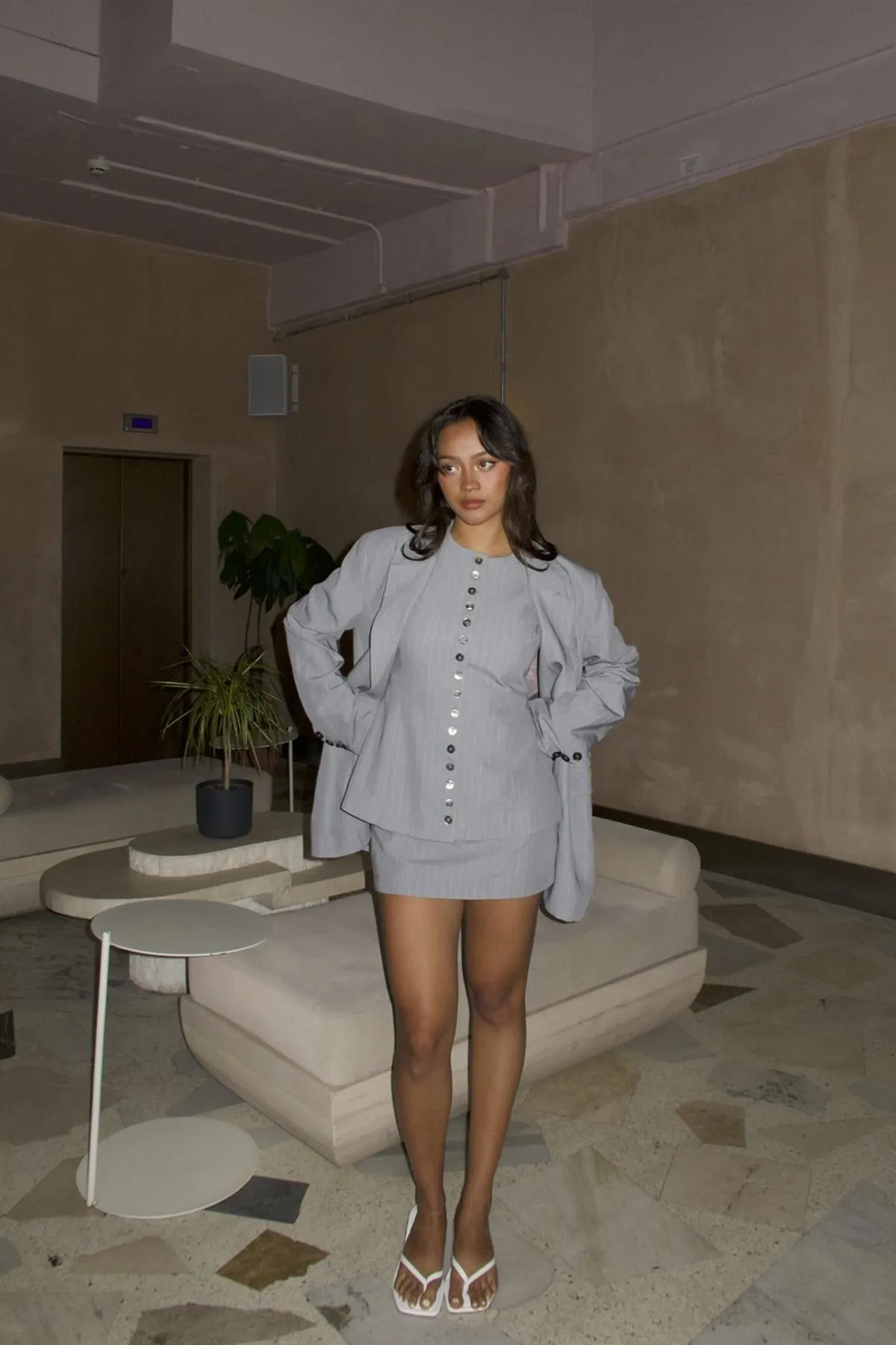 Grey Pinstripe Round-Neck Sleeveless Waistcoat sold by Glamorous