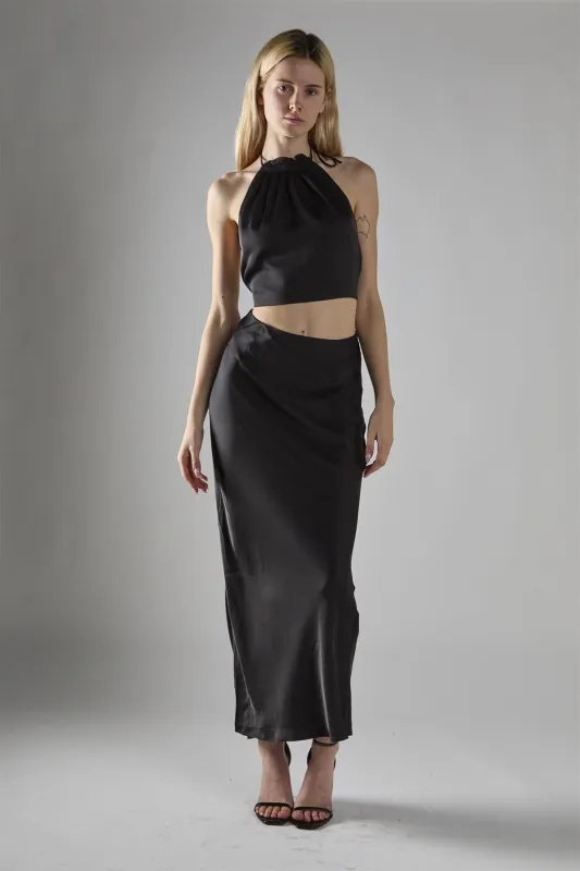 Black Satin Halter-Neck Crop-Top sold by Glamorous
