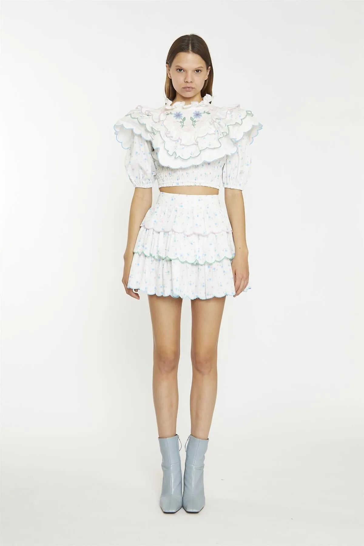 White Blue Pink Ditsy Tiered Mini-Skirt sold by Glamorous