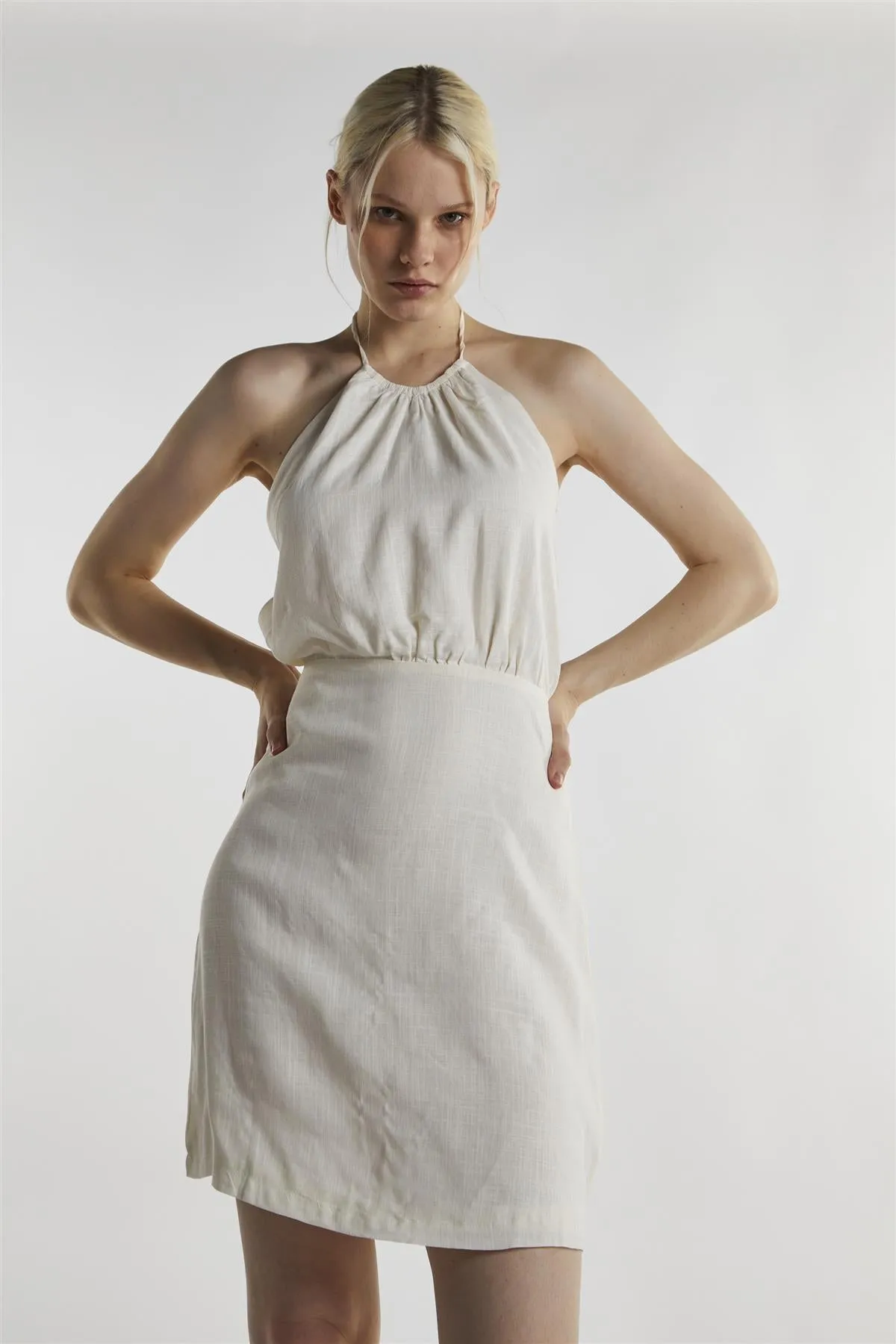 Off White Linen Halter-Neck Mini-Dress sold by Glamorous product image thumbnail 3