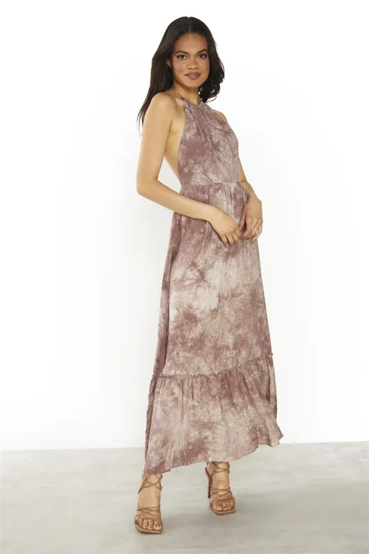 Brown Tie-Dye Halter-Neck Maxi-Dress sold by Glamorous