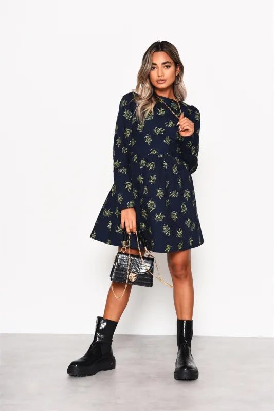 Navy-Bouquet Long Sleeve Mini-Dress sold by Glamorous