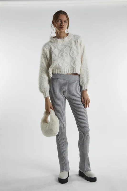 Grey-Marl Rib-Knit Flared-Trousers made by Glamorous