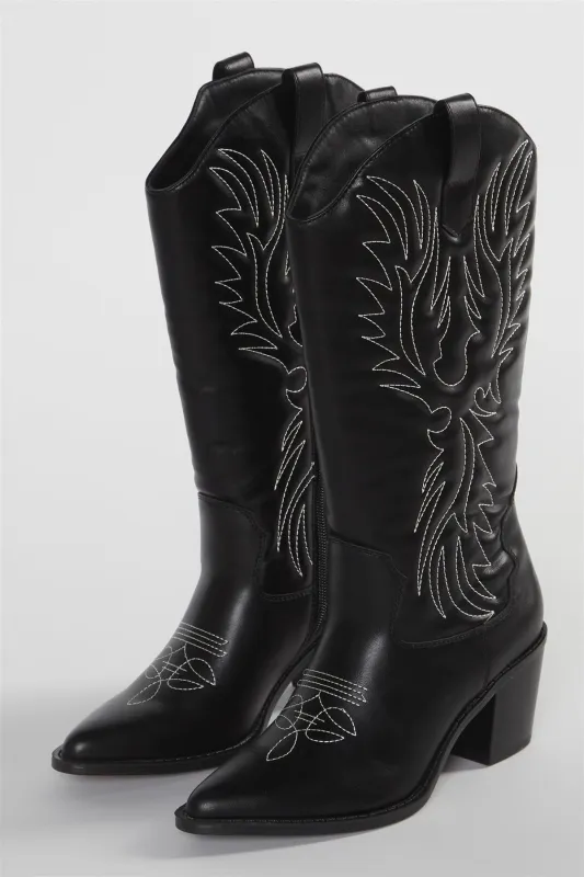 Black Stitched Calf Cowboy Boots sold by Glamorous