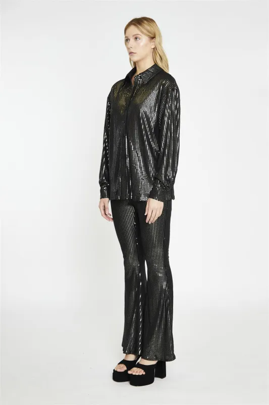 Black Pewter-Sequin Flared Trousers made by Glamorous