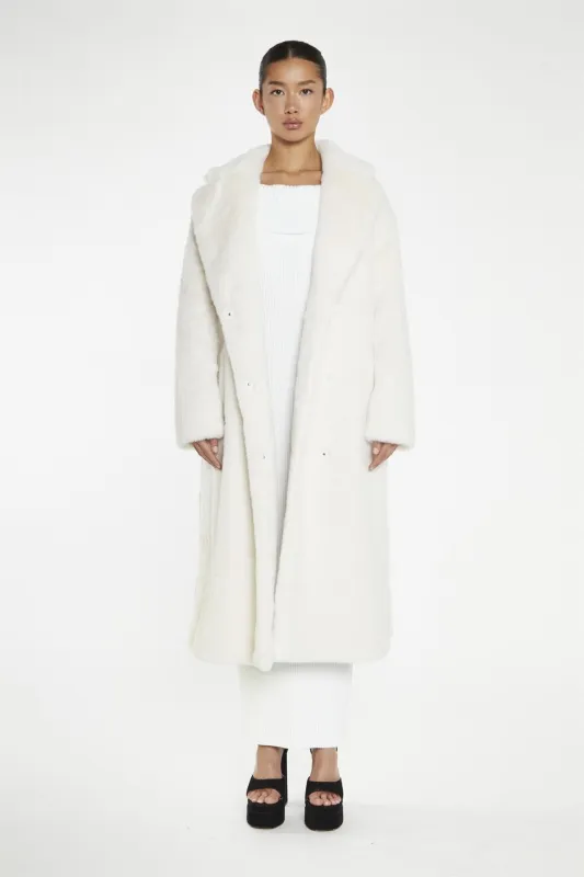Cream Faux-Fur Longline-Coat sold by Glamorous