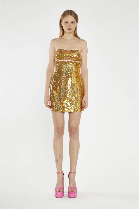 Gold-Pink Sequin Lace-Up Back Mini-Dress made by Glamorous