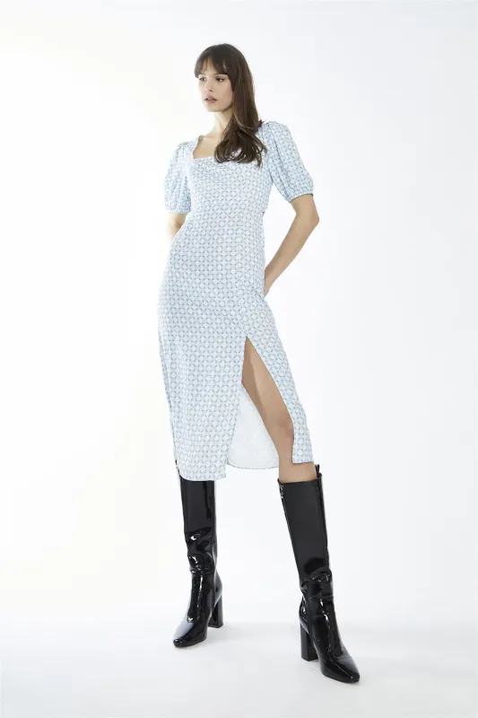 Pale-Blue Ditsy Square-Neck Split Midi-Dress sold by Glamorous