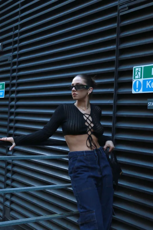 Black Lace-Up Mixed-Knit Crop-Top sold by Glamorous