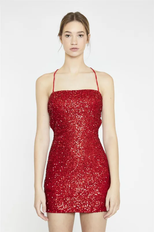 Red-Sequin Lace-Up Back Mini-Dress sold by Glamorous