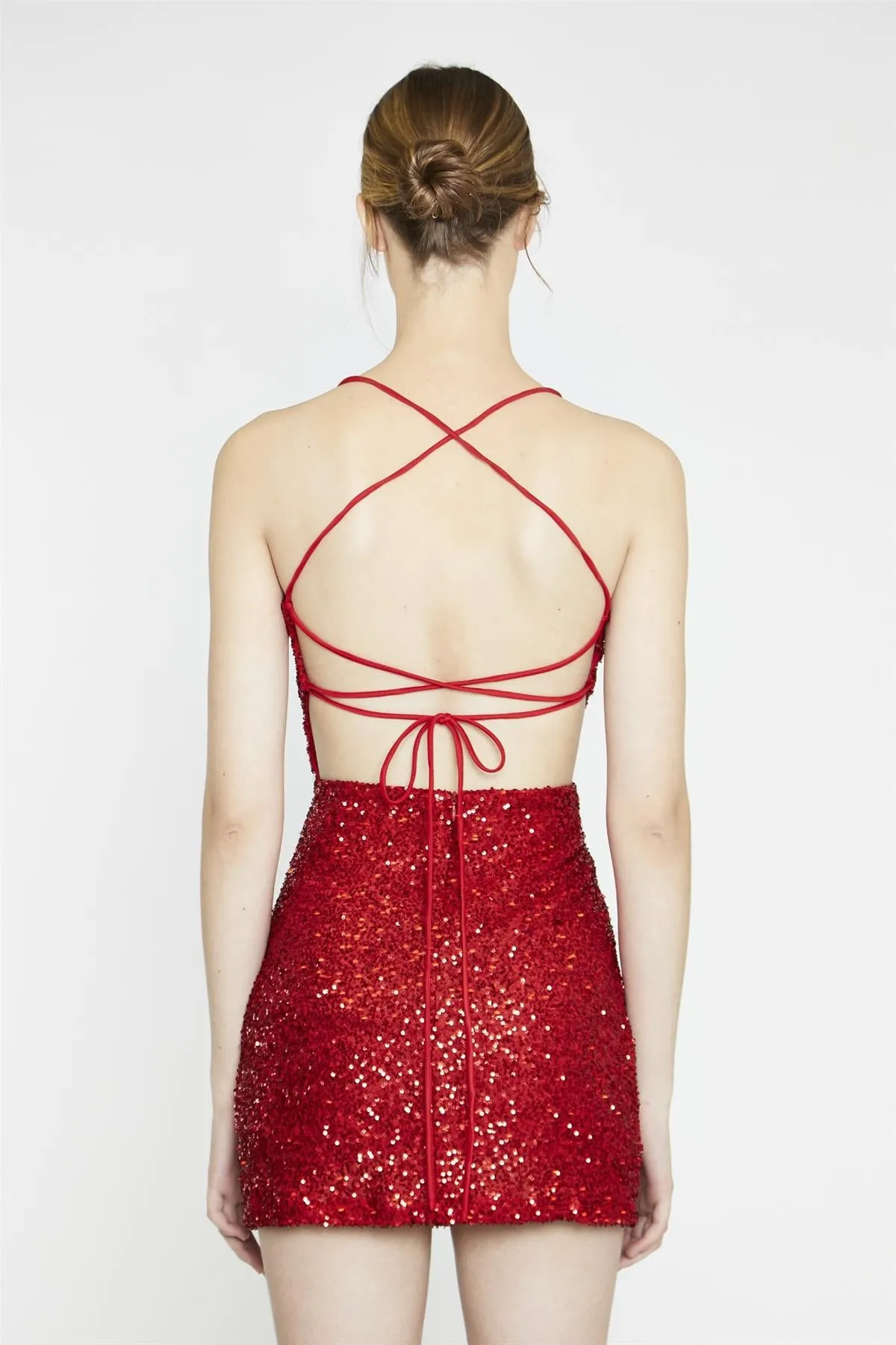 Red-Sequin Lace-Up Back Mini-Dress sold by Glamorous product image thumbnail 4