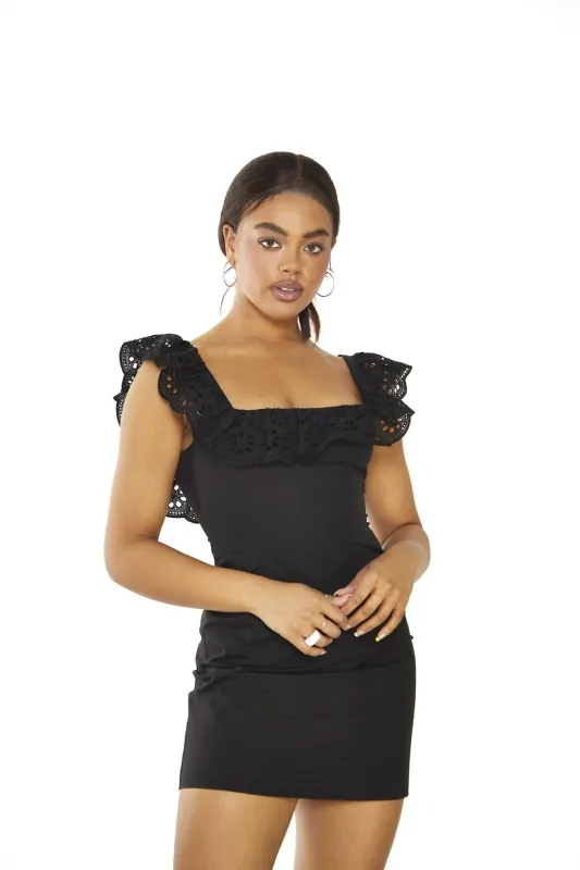 Black Frill Neck Mini-Dress sold by Glamorous