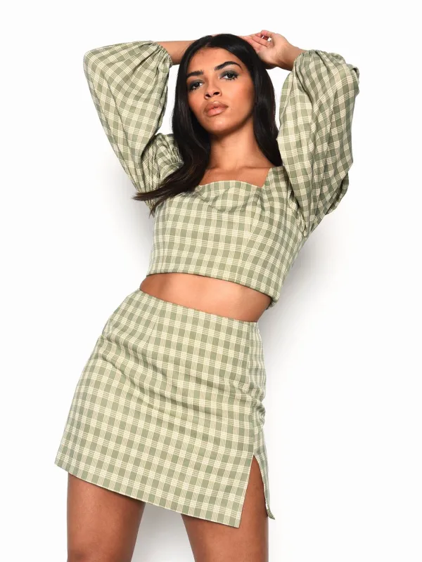 Turquoise Multi Check Side Split Mini Skirt made by Glamorous