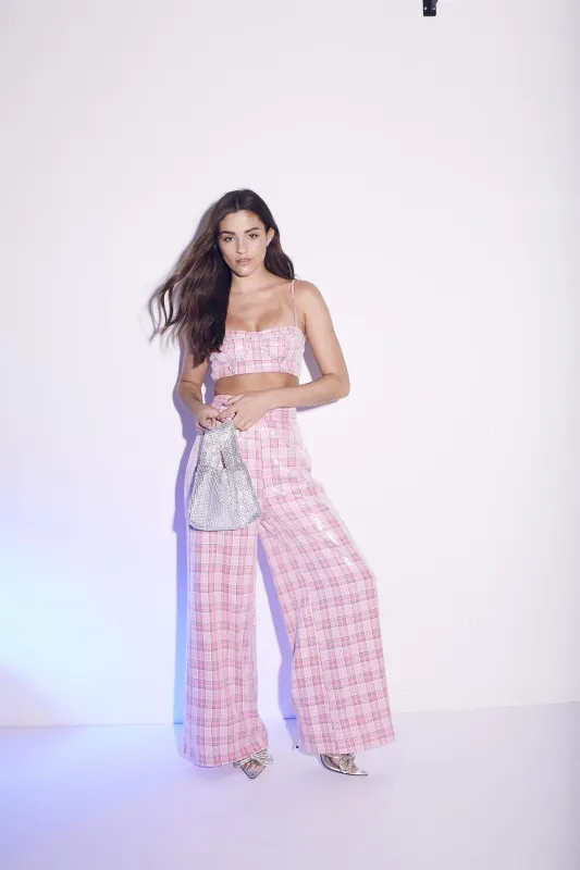 Cher Co-ord Diamante Trim Crop Top - Pink Check Sequin made by Glamorous