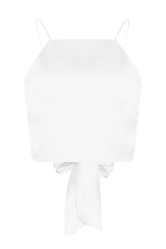White-Satin Tie-Back Crop-Top sold by Glamorous