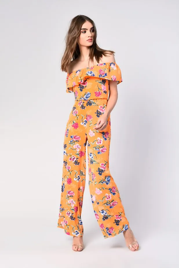Glamorous Orange Tropical Print Bardot Jumpsuit sold by Glamorous