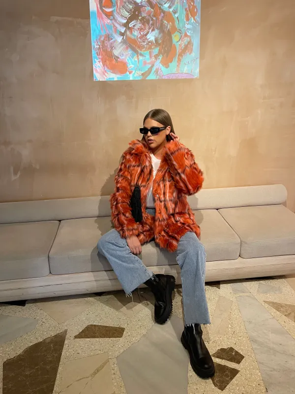 Glamorous Curve Red Check Faux Fur Coat with Lapel Collar sold by Glamorous