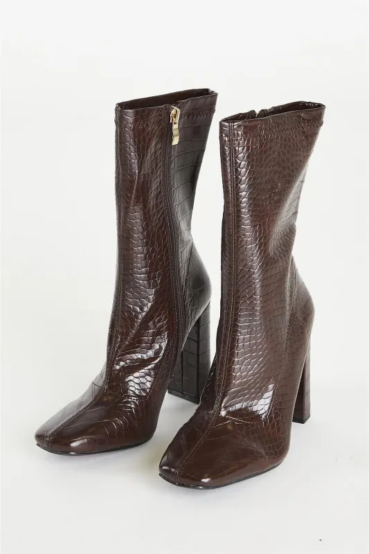 Brown Croc Calf High Heeled Boot sold by Glamorous