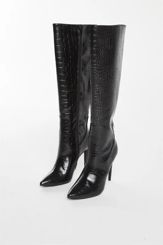 Black Croc Knee High Boot sold by Glamorous