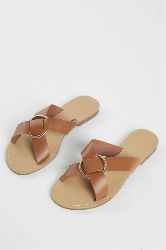 Tan PU Flat Sandals made by Glamorous