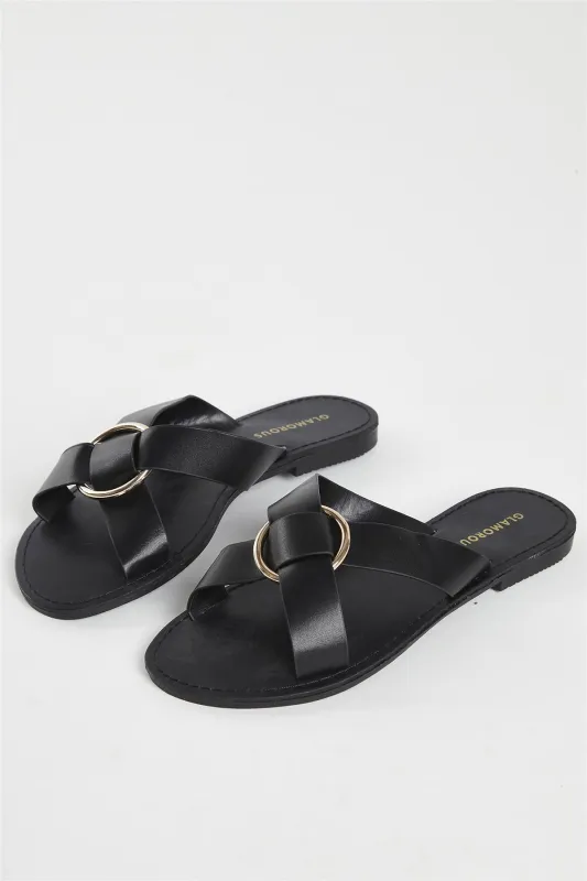Black PU Flat Sandals made by Glamorous