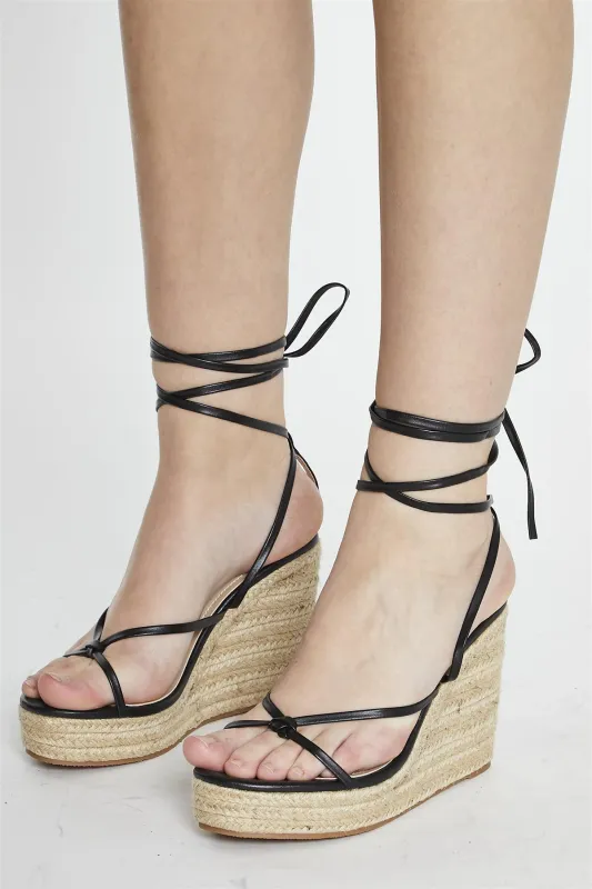 Black Thin Lace Up Heeled Wedges sold by Glamorous