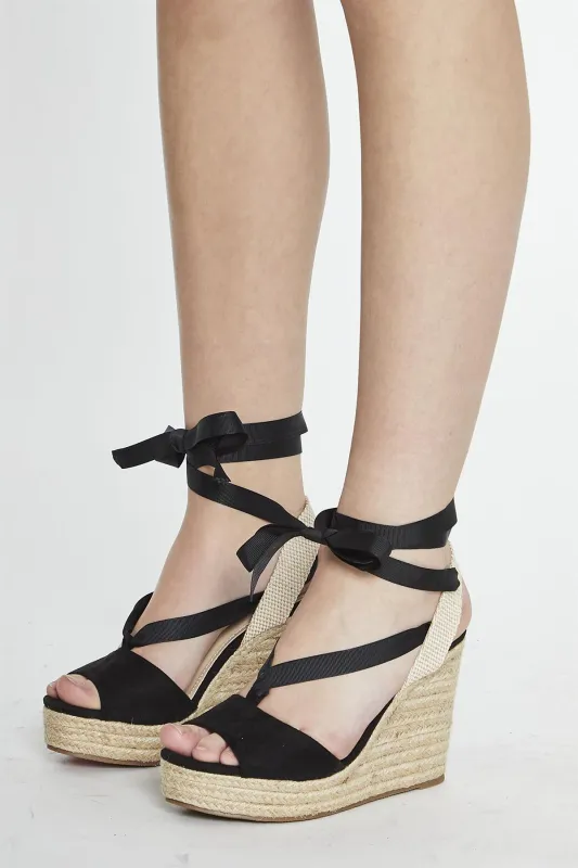 Black Open Toe Lace Up Heeled Wedges made by Glamorous