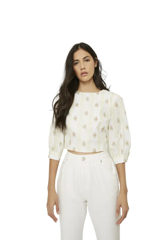 Yellow Stripe Flower Puff Sleeve Crop Top made by Glamorous