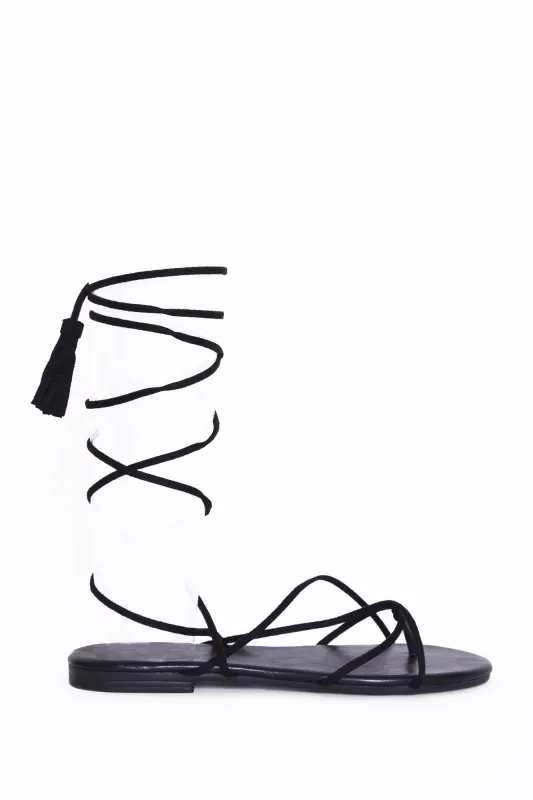 Glamorous Black Lace Up Tassel Sandal made by Glamorous