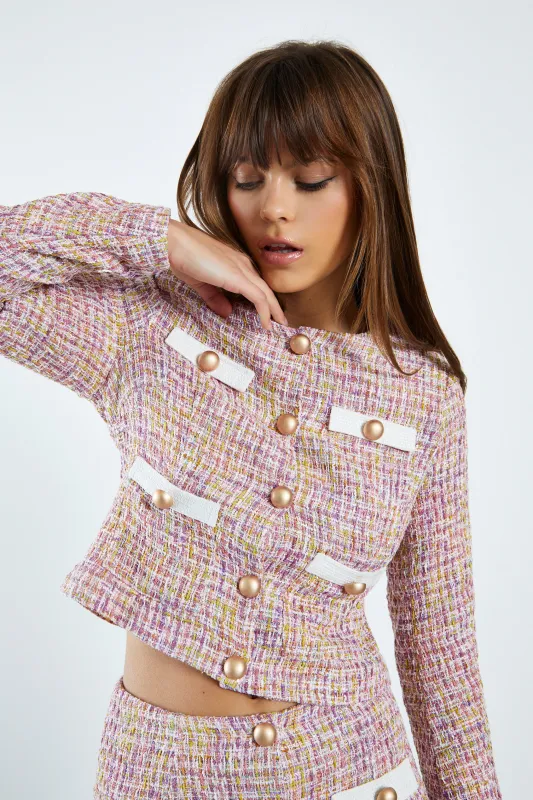 Glamorous Pink Multi Tweed White Jacket with Contrast Trim Pockets sold by Glamorous