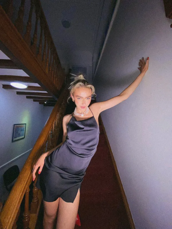 Glamorous Black Satin Bias Cut Strappy Mini Slip Dress sold by Glamorous