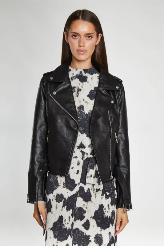 Black PU Biker Jacket sold by Glamorous