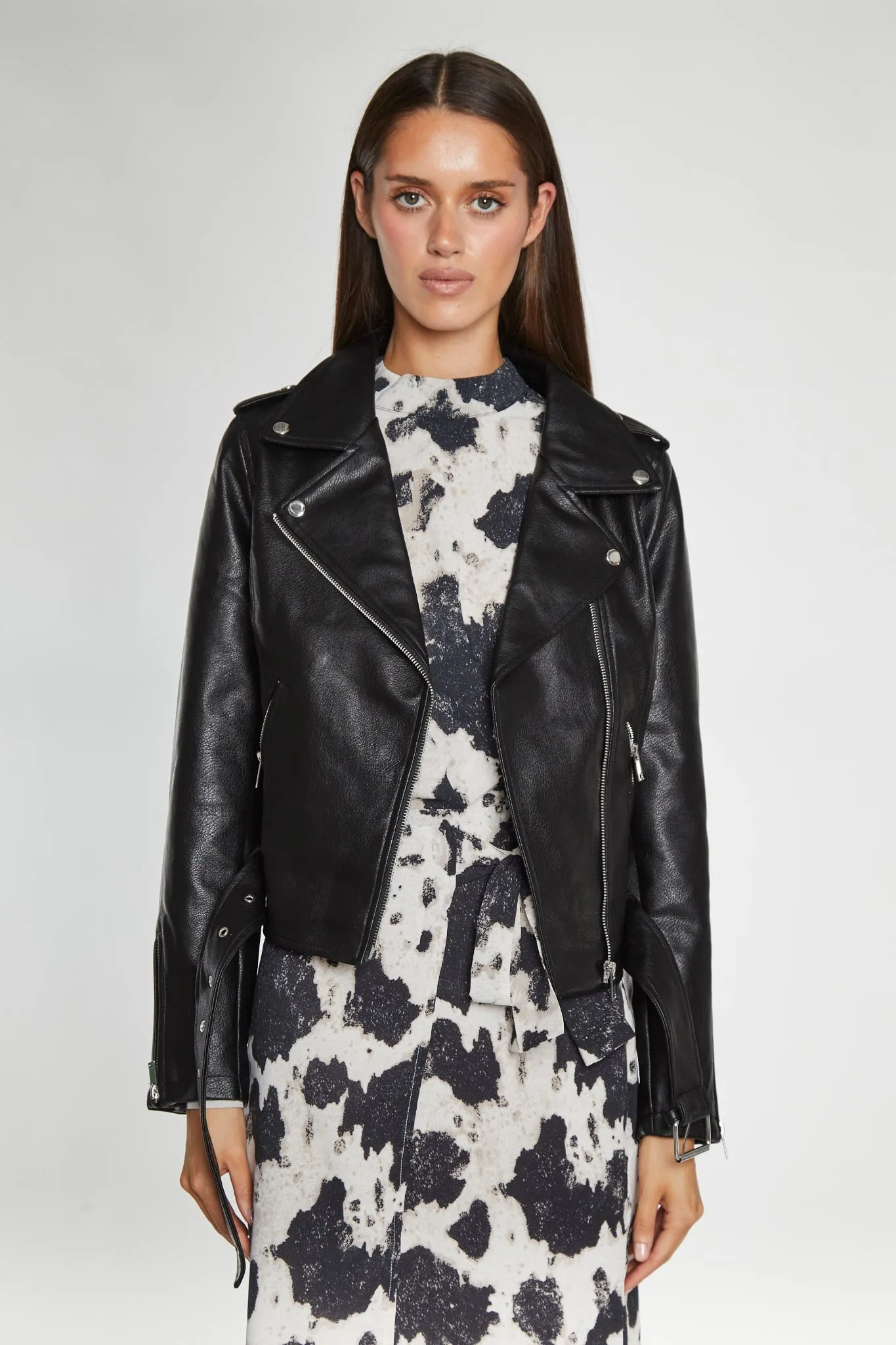 Black PU Biker Jacket sold by Glamorous