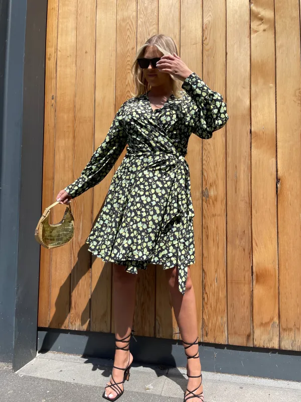 Green Rose Long Sleeve Wrap Mini-dress sold by Glamorous