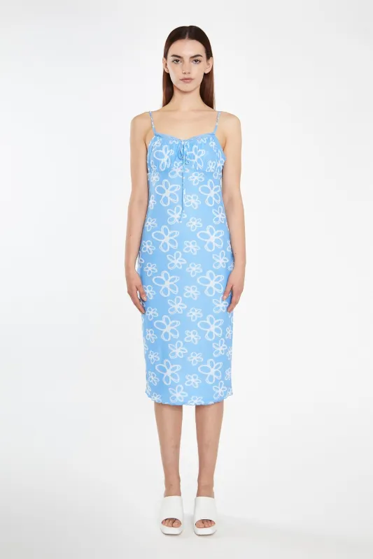 Blue Scribble-Daisy Mesh Strappy Gathered-Bust Midi-Dress sold by Glamorous