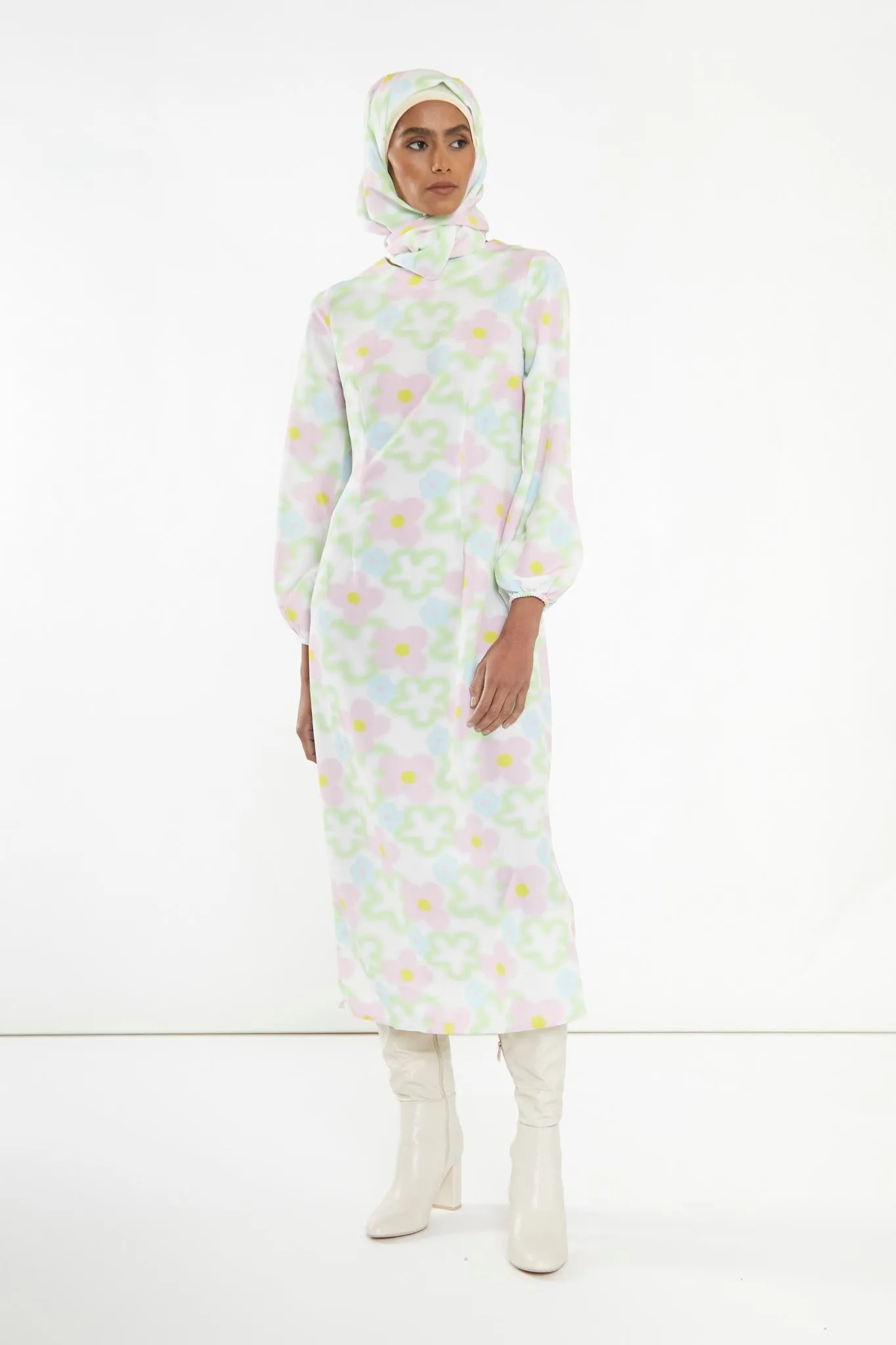 Multi Blurred Floral Long-Sleeve Midi-Dress sold by Glamorous