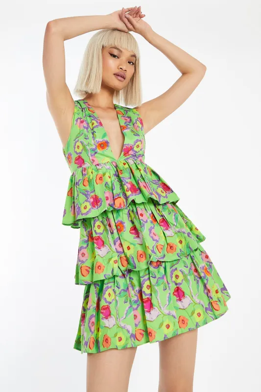 Neon Green Floral Plunge-Top Tiered-Skirt Mini-Dress sold by Glamorous